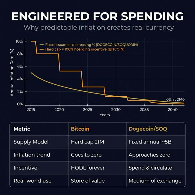 Inflation comparison: Dogecoin/SOQ fixed issuance vs Bitcoin hard cap hoarding incentive